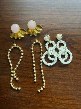 Gold Beaded Drop Earrings and White Beaded Hoop Earrings Set